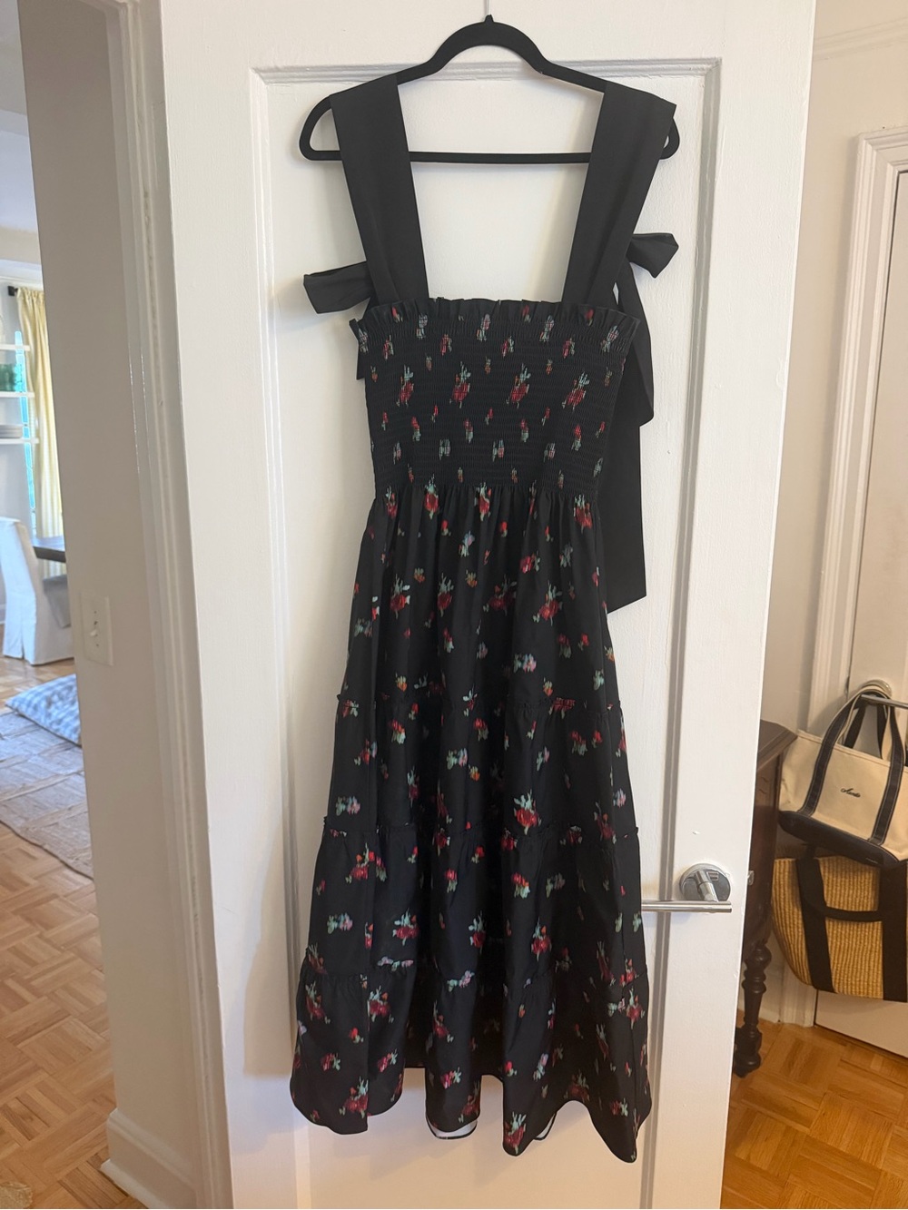 Hill House Black Floral Smocked Midi Dress with Wide Straps